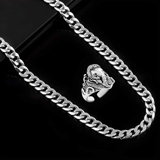 Silver plated chain with silver plated Ganpati shape adjustable ring combo set Rhodium Plated Stainless Steel Chain