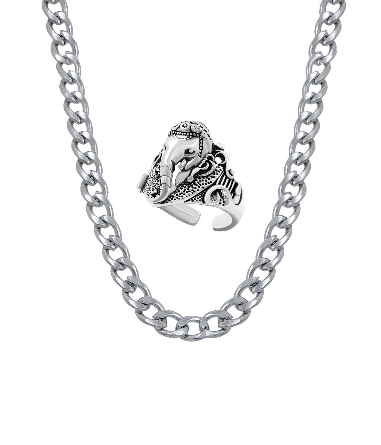 Silver plated chain with silver plated Ganpati shape adjustable ring combo set Rhodium Plated Stainless Steel Chain